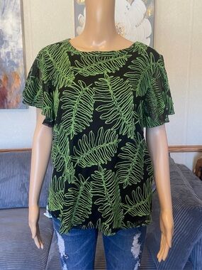 Kim & Cami Black Top with Green Embroidered Trim